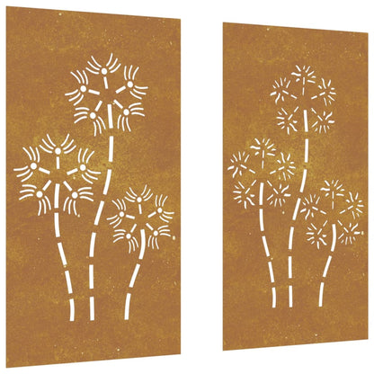 Wanddecoratie Tuin 2 St Bloemenontwerp 105X55 Cm Cortenstaal