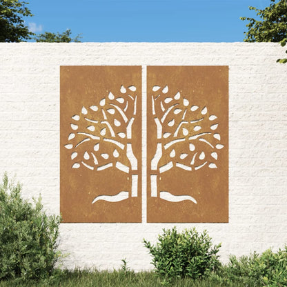 Wanddecoratie Tuin 2 St Boomontwerp 105X55 Cm Cortenstaal